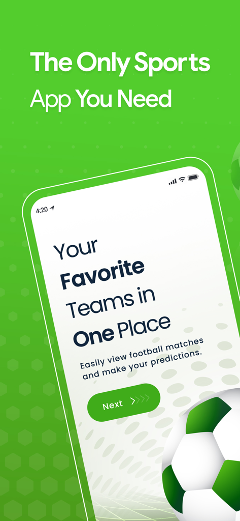 Schermata di onboarding dell'app Football Live Tv Score con il testo Le Tue Squadre Preferite in un Unico Posto e un pallone da calcio su sfondo verde