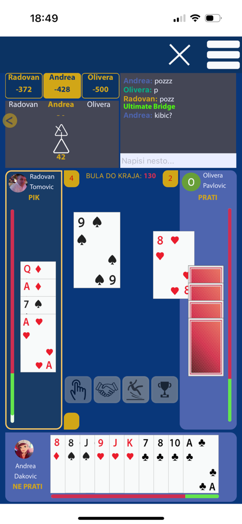 A screenshot of the Ultimate Preferans card game interface showing a live online match with three players
