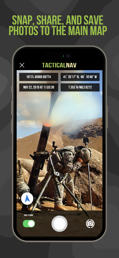 Tactical NAV app interface showing a photo of military operations with MGRS coordinates and location data overlays