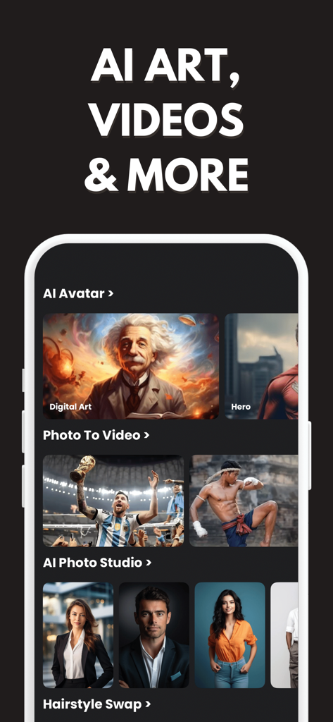 Interface of the AI Tattoo Generator app showing AI Avatar and AI Photo Studio features