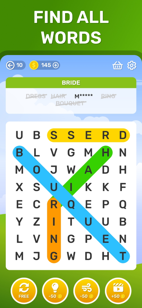 Word Search: Crossword Puzzle. - Pantalla de juego móvil de un puzzle de sopa de letras con una cuadrícula de letras, palabras resaltadas y elementos de interfaz coloridos.
