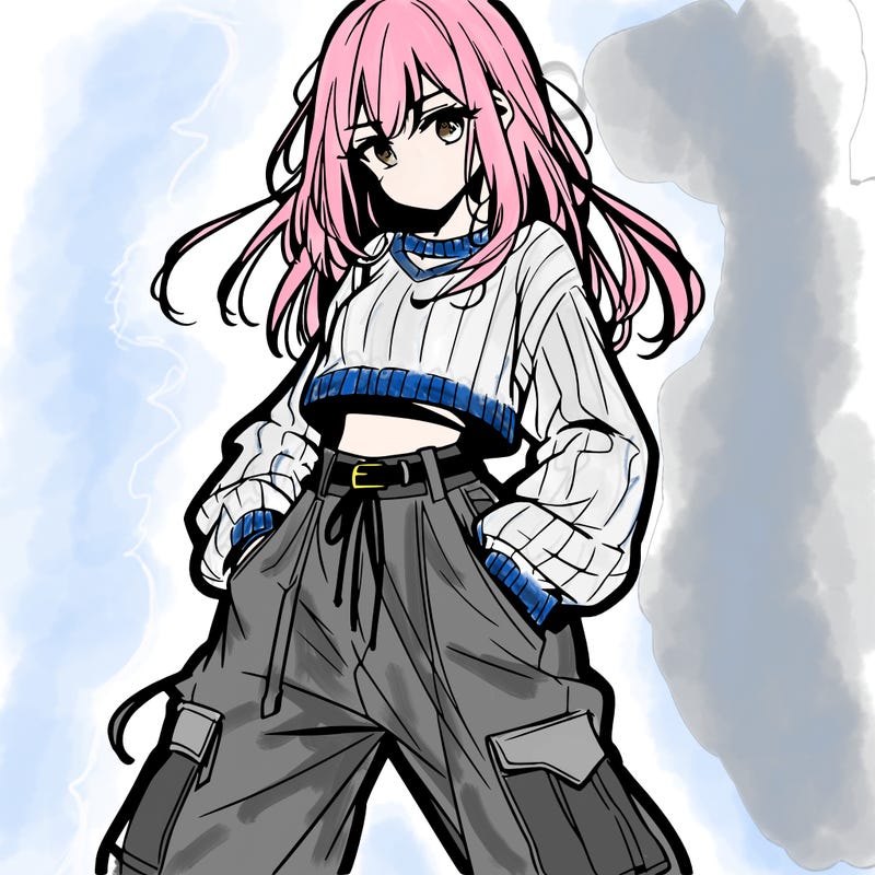 anime teen girl with baggy pants and crop top with sweater