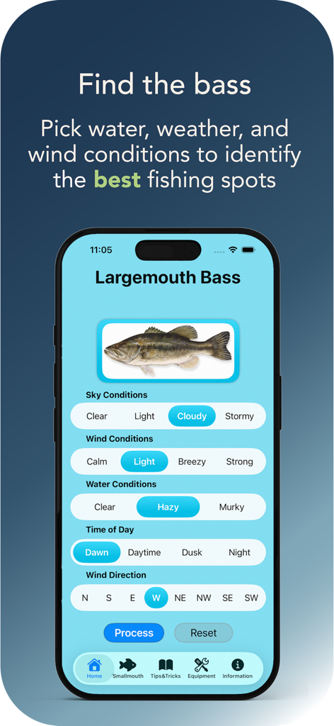 Bassmaster App - Bassmaster App interface showing condition selectors for sky wind and water to identify best fishing spots