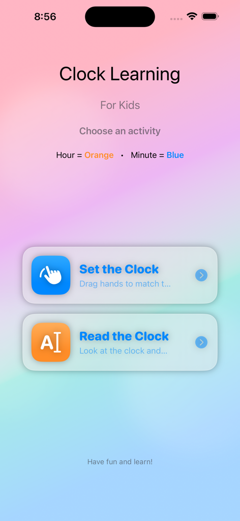 Clock Learning Hero - Clock Learning Hero app home screen showing game modes like Set the Clock and Read the Clock for children.