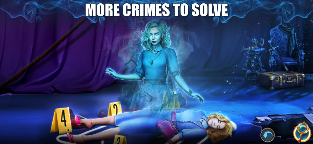 Twin Mind: Hidden Objects F2P - Una investigación de la escena del crimen con una figura fantasmal apareciendo sobre un cuerpo en Twin Mind.