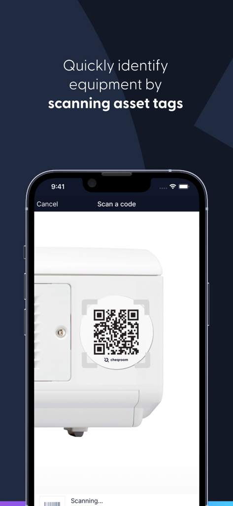 A smartphone using the Cheqroom app to scan a QR code asset tag on a piece of equipment