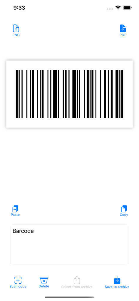 Interface do aplicativo gerador de código de barras Code 128 mostrando um código de barras e botões de exportação de arquivo