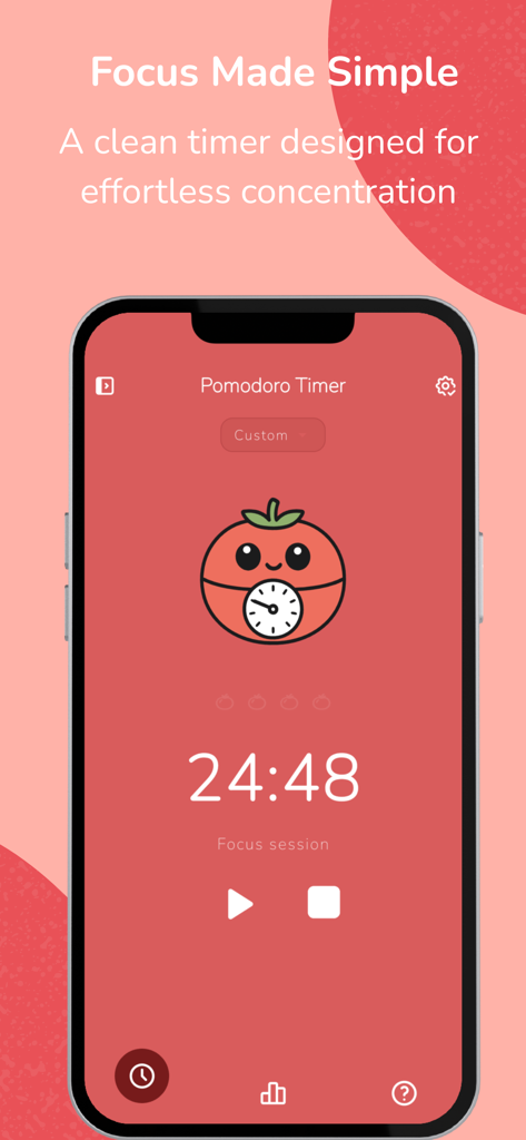 Ein minimalistischer Pomodoro Timer App-Bildschirm mit einem niedlichen Tomaten-Charakter und Countdown-Uhr