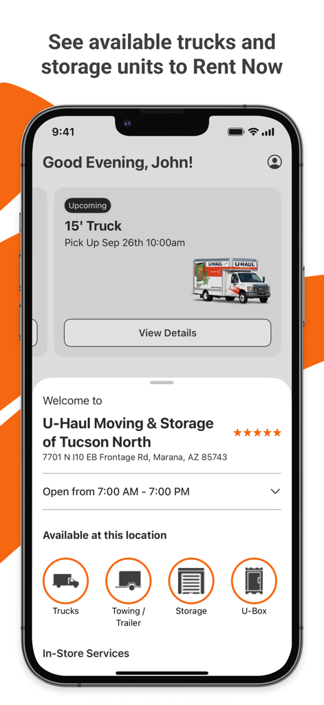 U-Haul mobile app dashboard showing an upcoming 15 foot truck rental reservation and local service options like towing and storage