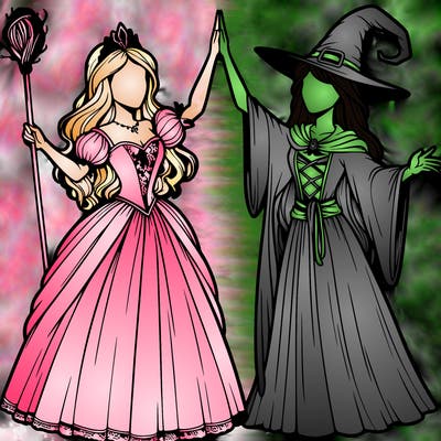 detailed realistic split of a princess and a witch
