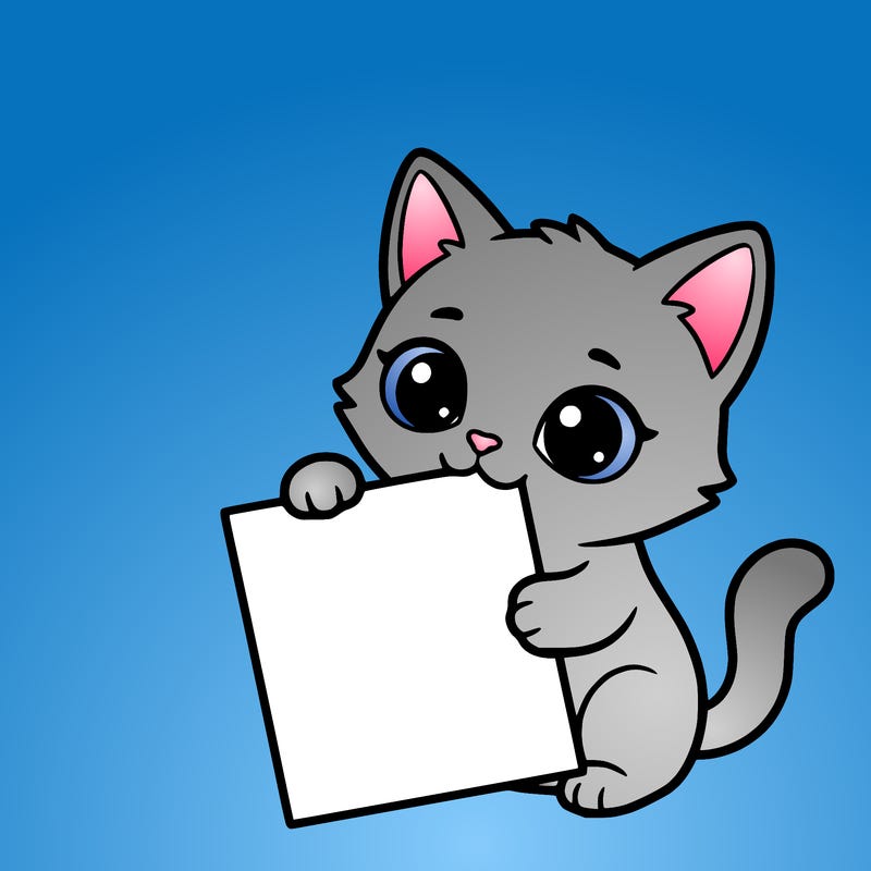 a small cat with a blank sheet of paper in its hand. the cat is sooooooo cute!