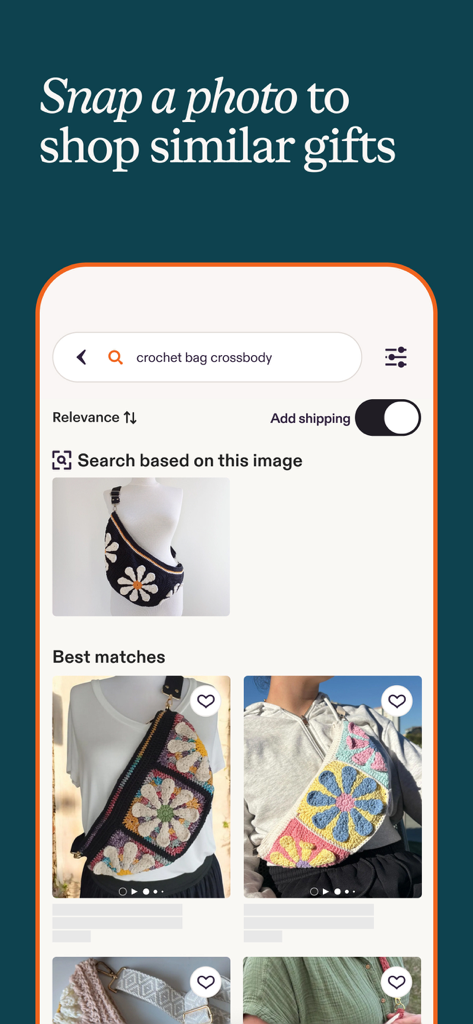 Interface de recherche visuelle de l'application Etsy montrant les résultats pour un sac bandoulière au crochet