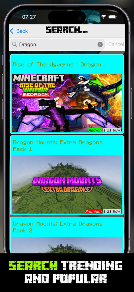 Best Add-ons for Minecraft Mod - Minecraft용 드래곤 모드 및 애드온에 대한 검색 결과를 보여주는 앱 내 검색 인터페이스.