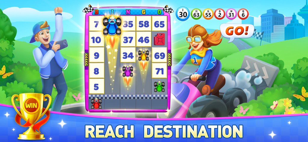 Bingo Vacation - Bingo Games - Bingo Vacation gameplay showing a race car themed bingo board with characters and a trophy