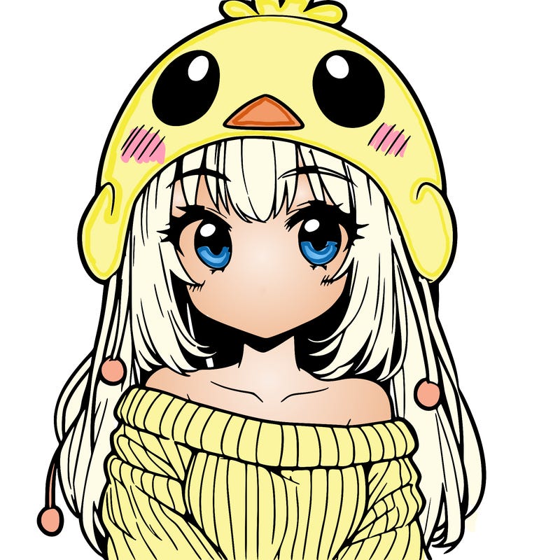 anime girl with chick shaped hat with sweater with bare shoulders with bangs covering them one eye with low tail
