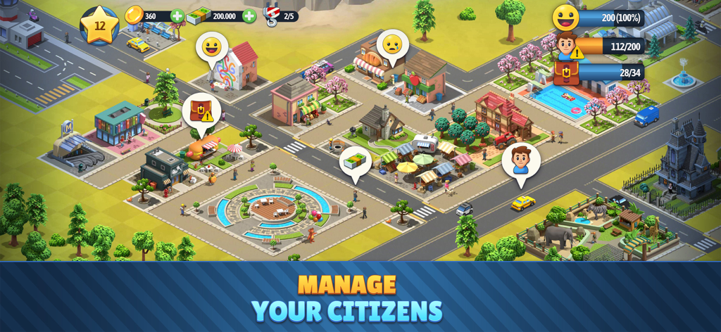 Un paisaje urbano en City Island 6 con varios edificios e indicadores de felicidad de los ciudadanos.