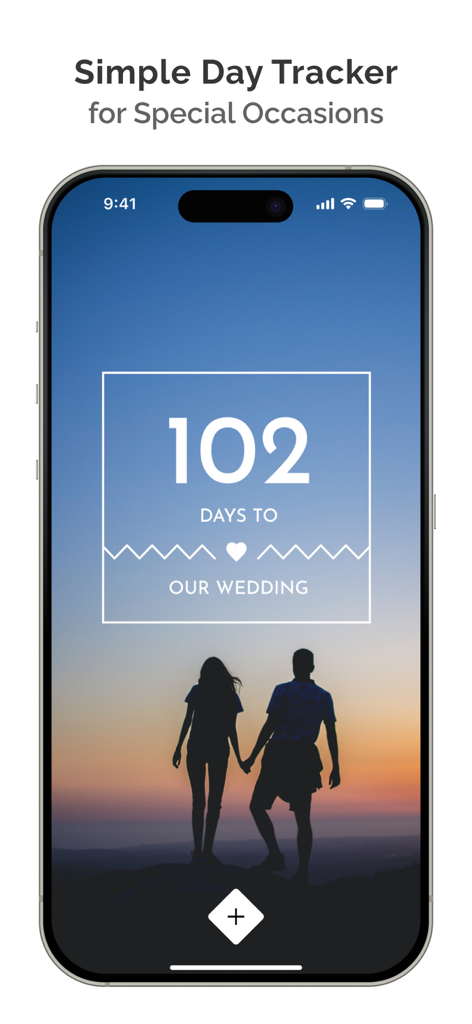 Cuenta atrás estética para el día de la boda que muestra 102 días restantes con un fondo romántico de pareja