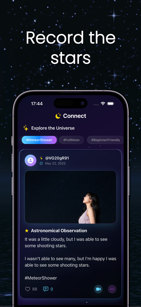 Moon - Night Sky Video Chat - A mobile app interface displaying a community feed for sharing night sky observations and stargazing moments.