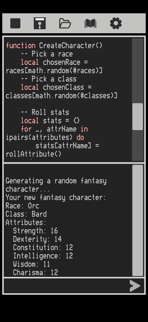 Luana: Code in Lua - Luana app interface showing Lua script for generating a fantasy character and the resulting console output.