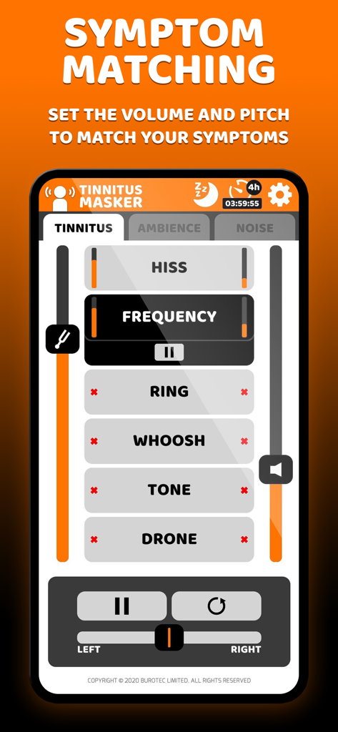 ™Tinnitus Relief Sound Masking - Tinnitus relief app interface showing symptom matching tools for hiss ring and frequency sounds with ear balance controls