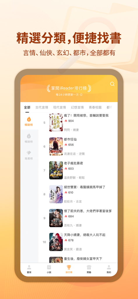 掌閱iReader - 掌閱iReader mobile app interface displaying a ranked list of trending web novels with book covers and popularity scores.