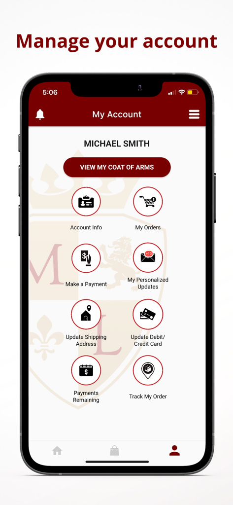 MyLineage - MyLineage app dashboard showing account management options like track my order, view coat of arms, and payment history on an iPhone screen.