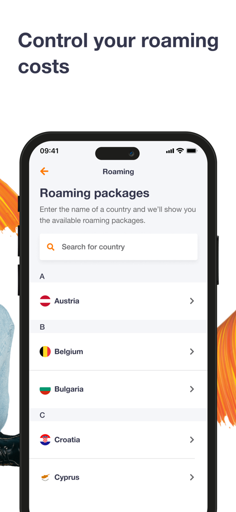Orange Flex – offer with eSIM - Orange Flex app screen showing roaming packages for international travel destinations