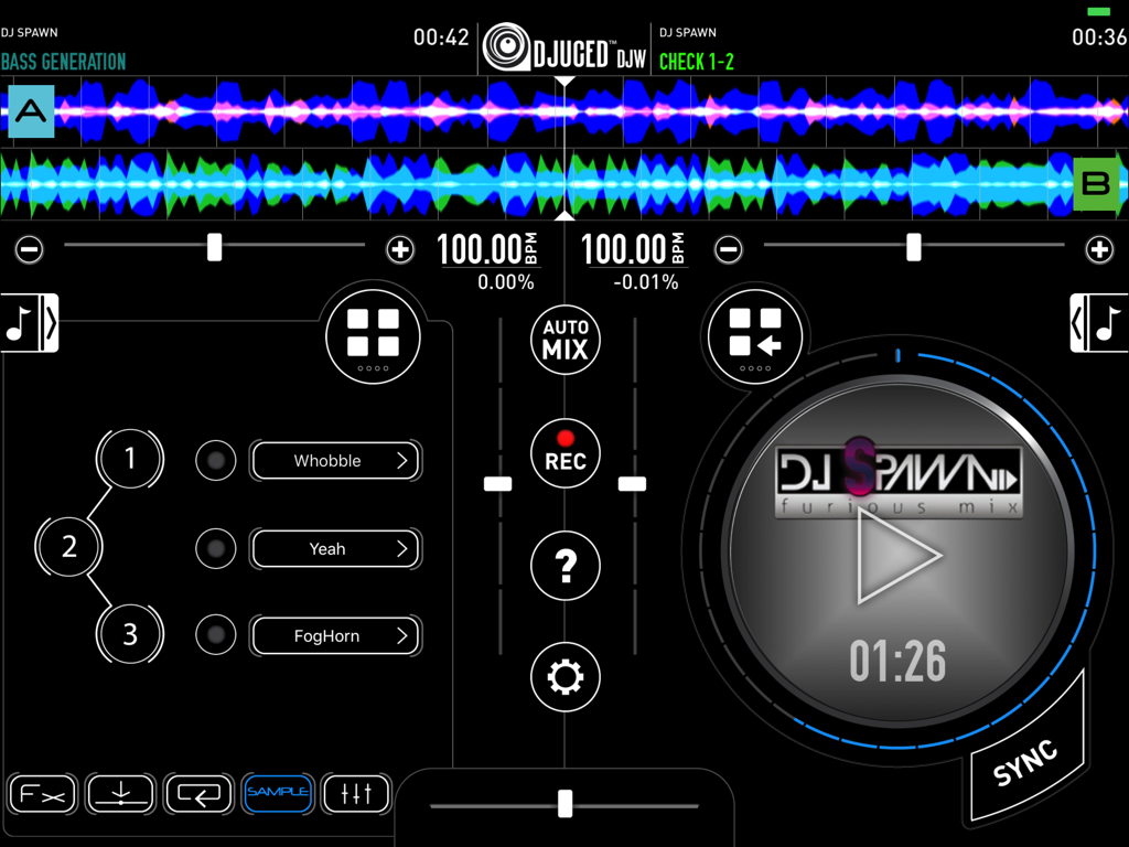 DJUCED DJW - DJUCED DJW iPad app interface showing dual music waveforms and mixing controls