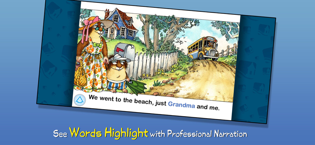Just Grandma and Me - Little Critter and his Grandma waiting for the bus with highlighted narration text at the bottom