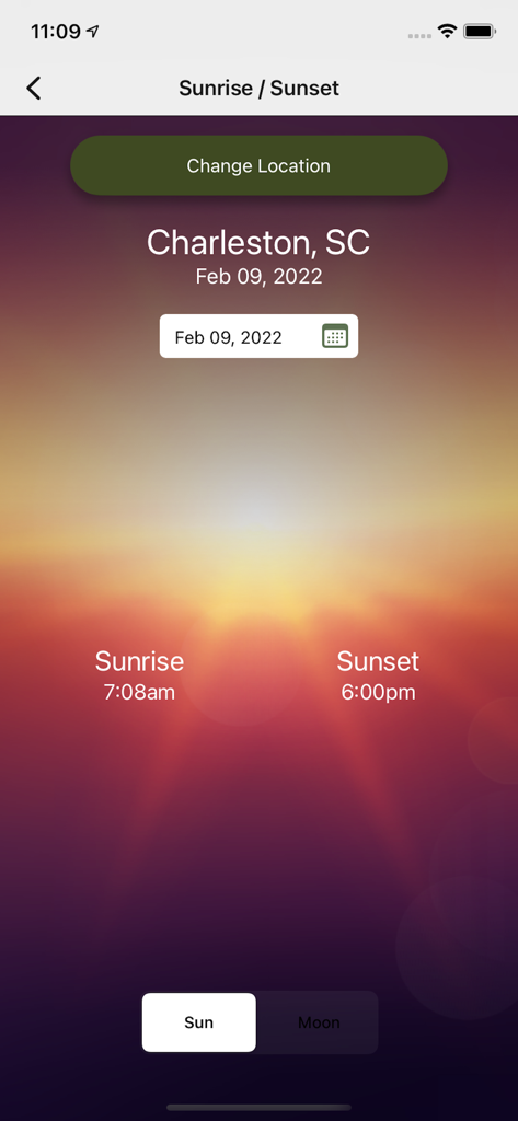 GoOutdoorsSC - GoOutdoorsSC app interface showing sunrise and sunset times for Charleston South Carolina on February 9 2022