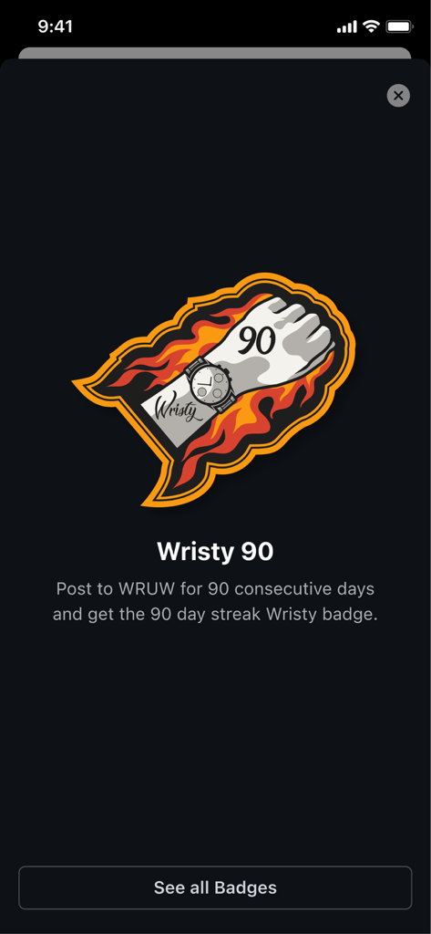 WatchCrunch Official - WatchCrunch Wristy 90 achievement badge for 90 consecutive days posting streak
