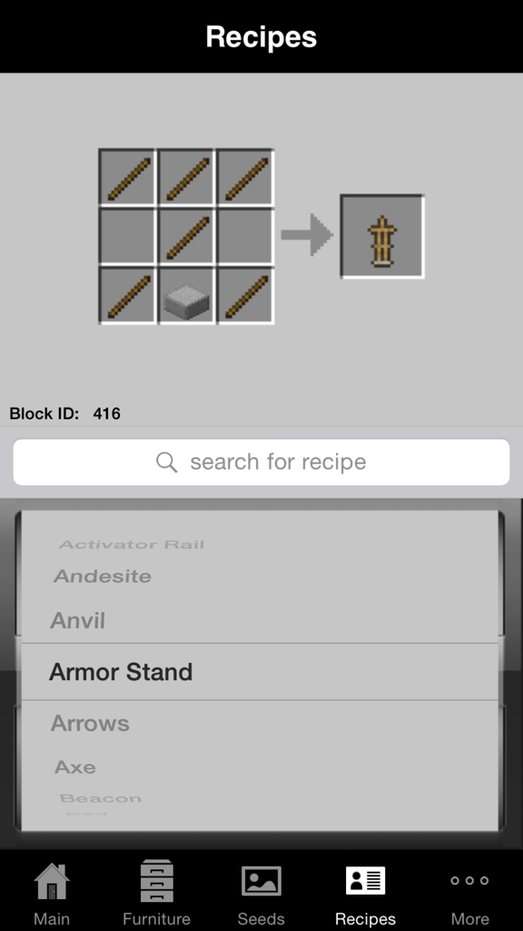 Recette de fabrication Minecraft pour un support d'armure, montrant les matériaux et la grille de construction.