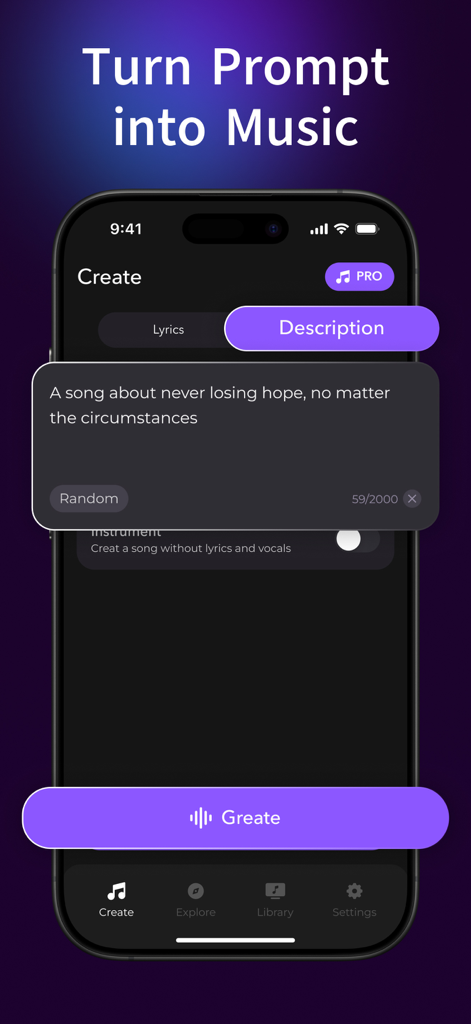 Affichage de smartphone de l'interface de l'application AI RAP pour transformer des invites textuelles en morceaux originaux.
