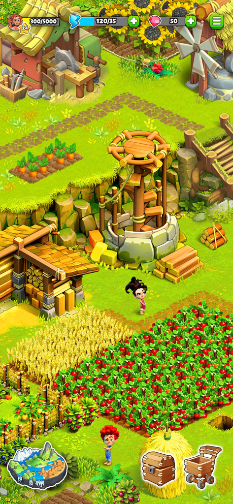 Family Island — Farming game - Gameplay screenshot of Family Island showing a Stone Age farm with crop fields and village characters
