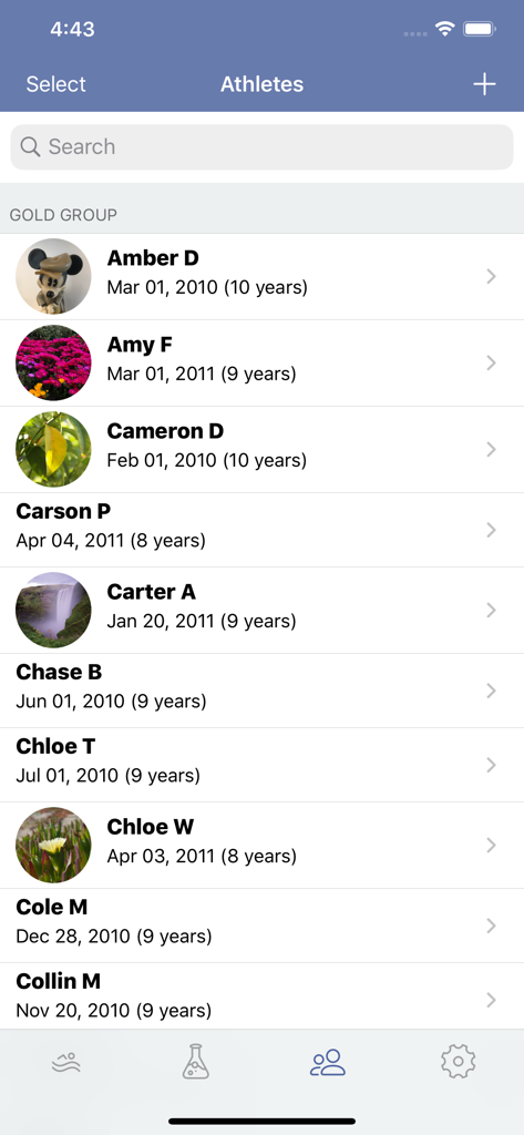 Workouts X app screen showing a list of swimmers in the Gold Group roster