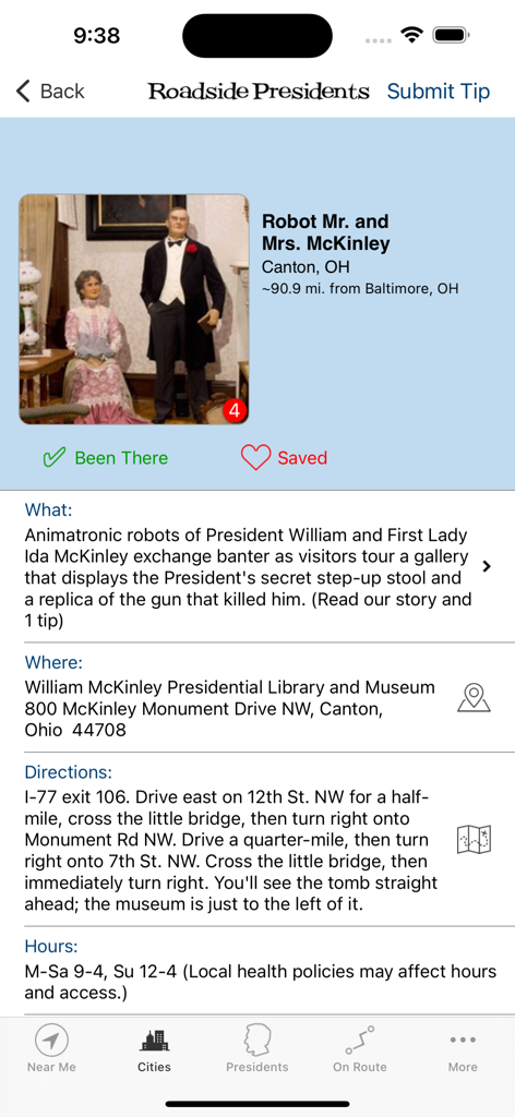 Roadside Presidents - Screen from the Roadside Presidents app showing location details and a photo of the Robot Mr. and Mrs. McKinley attraction in Canton Ohio