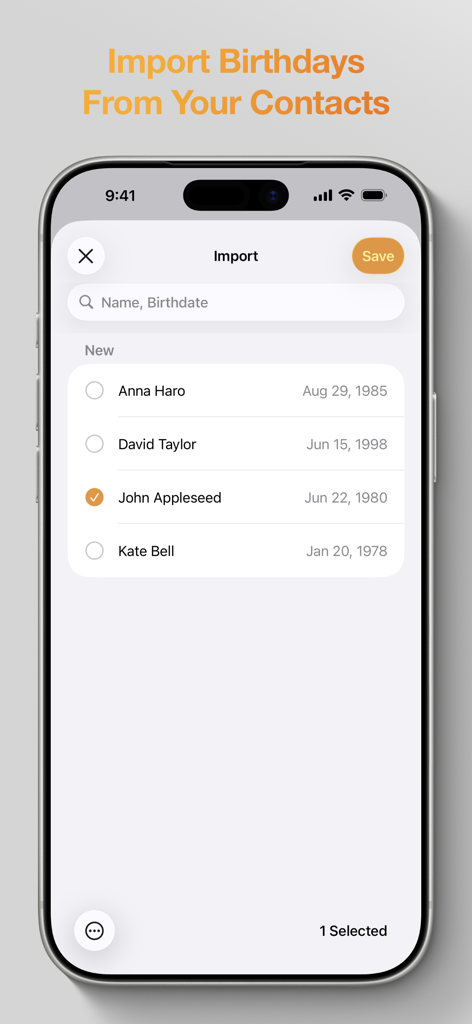 Birthdays: Birthday App - iPhone screen showing the contact import feature in the Birthdays app with a list of contacts and their birthdates.