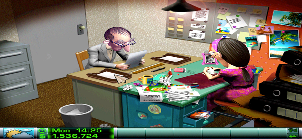 Airline Tycoon Deluxe - A comic style office management scene in Airline Tycoon Deluxe showing two characters at their desks with game stats at the bottom