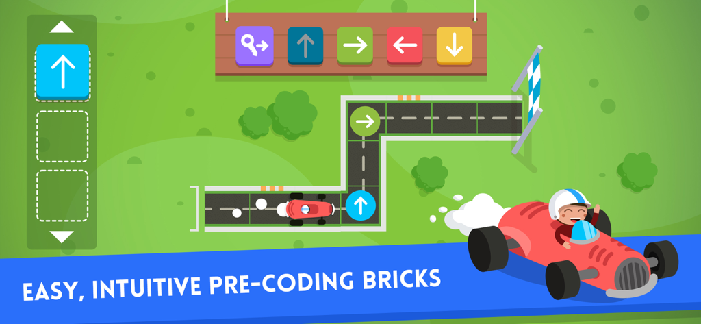 Interfaz educativa de Code Karts mostrando bloques de pre-codificación intuitivos y un rompecabezas de pista de carreras para niños.