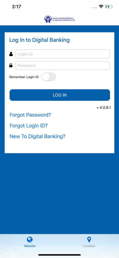 TSWCCUL mobile app login screen for digital banking