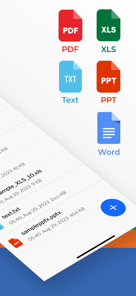 Mobile app interface showing various supported file formats including PDF Excel Word and PowerPoint with a document list