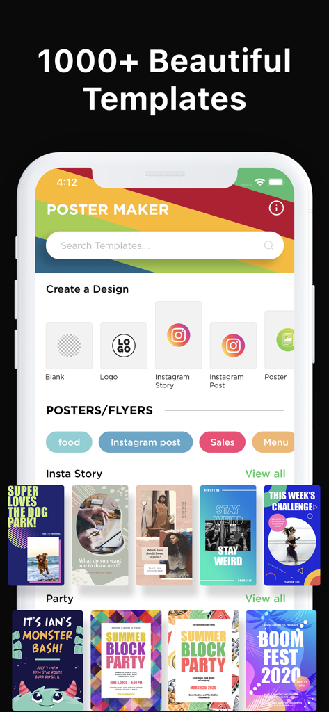 Poster Maker + Flyer Creator - Interfaz de la aplicación Poster Maker y Flyer Creator que muestra una variedad de plantillas de diseño creativo para redes sociales y eventos