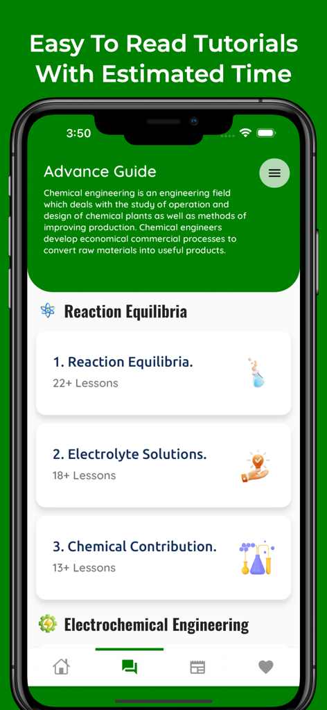 Oberfläche der mobilen App, die Tutorials im Chemieingenieurwesen zu Reaktionsgleichgewichten und Elektrolytlösungen anzeigt.
