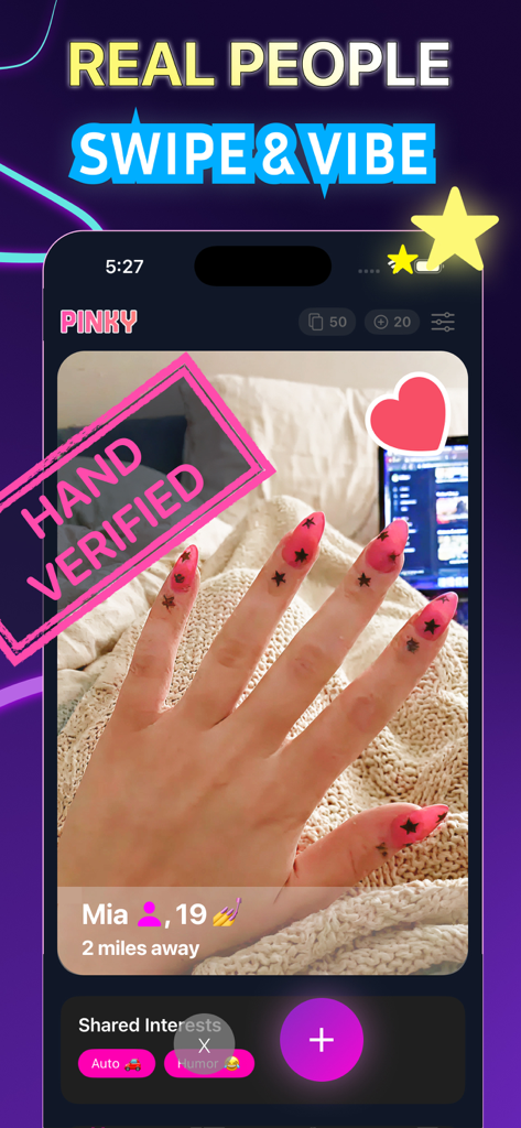 Pinky: Make New Friends - Pinky app interface showing a verified hand profile with nail art