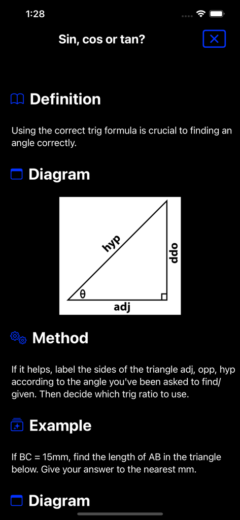 GCSE Maths : Geometry Lite - Pantalla de aplicación educativa que muestra definiciones de trigonometría y un diagrama de triángulo rectángulo con etiquetas para hipotenusa, opuesto y adyacente