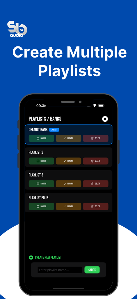 SB AUDIO FX - Oberfläche der SB Audio FX App zeigt eine Liste von Soundbanken und Playlists für DJ-Sets