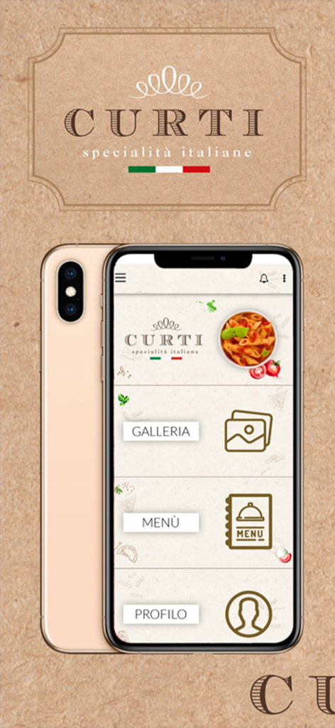 Curti - Tela inicial do aplicativo Curti apresentando especialidades de comida italiana e galeria