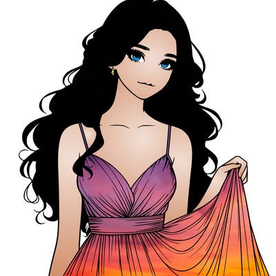 realistic girl in flowy silky prom dress