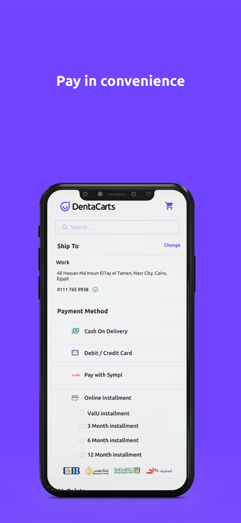 DentaCarts - Checkout screen of the DentaCarts app showing various payment options including cash on delivery, credit cards, and installments