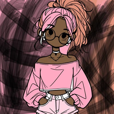 girl with a messy ponytail glasses a baggy crop top and jean shorts